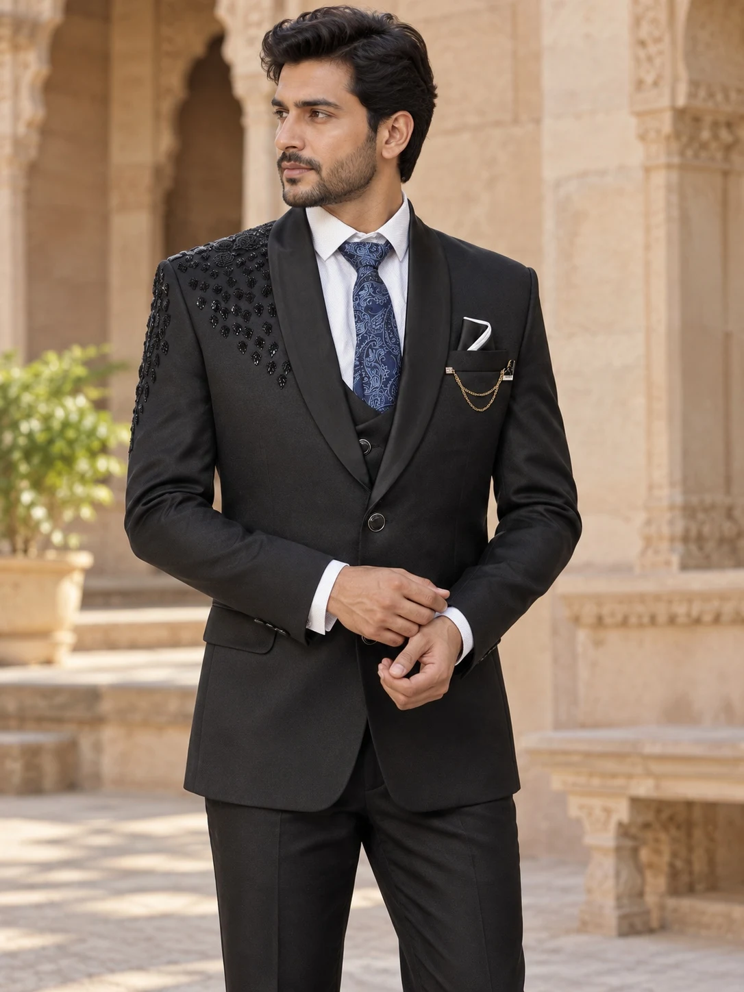 Black Beaded-Shoulder Shawl-Lapel Suit — styled AI concept image