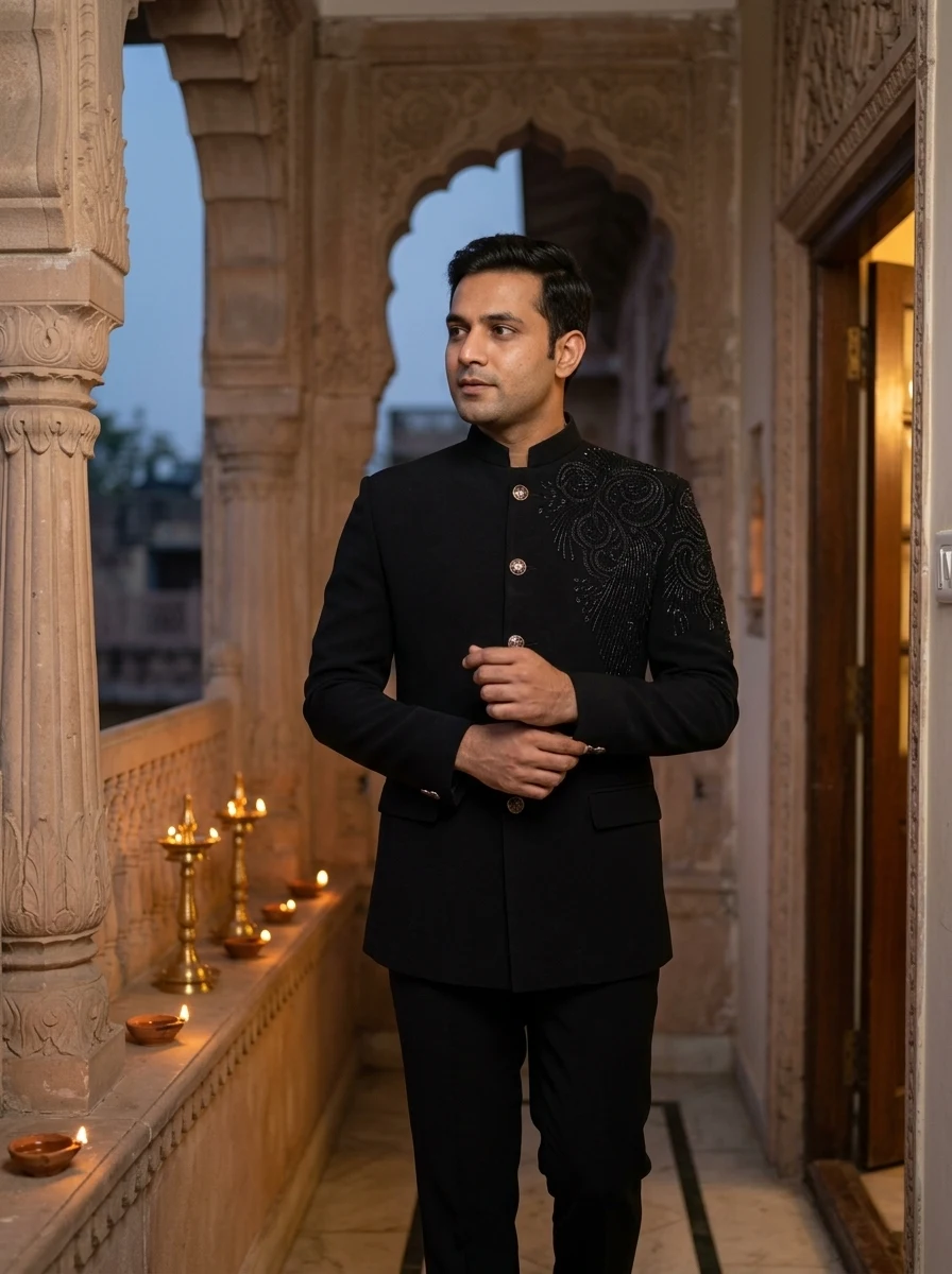 Black Ornate Shoulder-Beaded Bandhgala — styled AI concept image