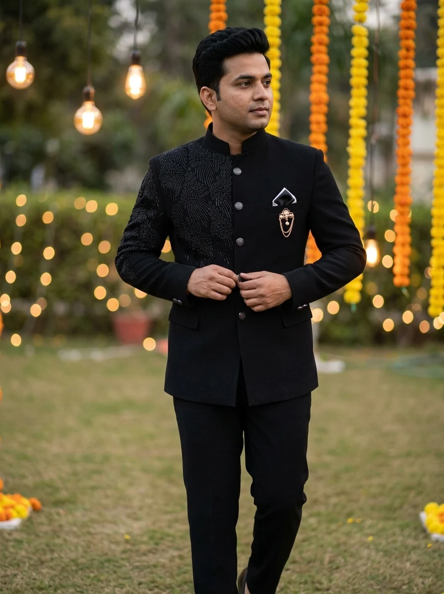 Black Floral-Beaded Bandhgala — styled AI concept image