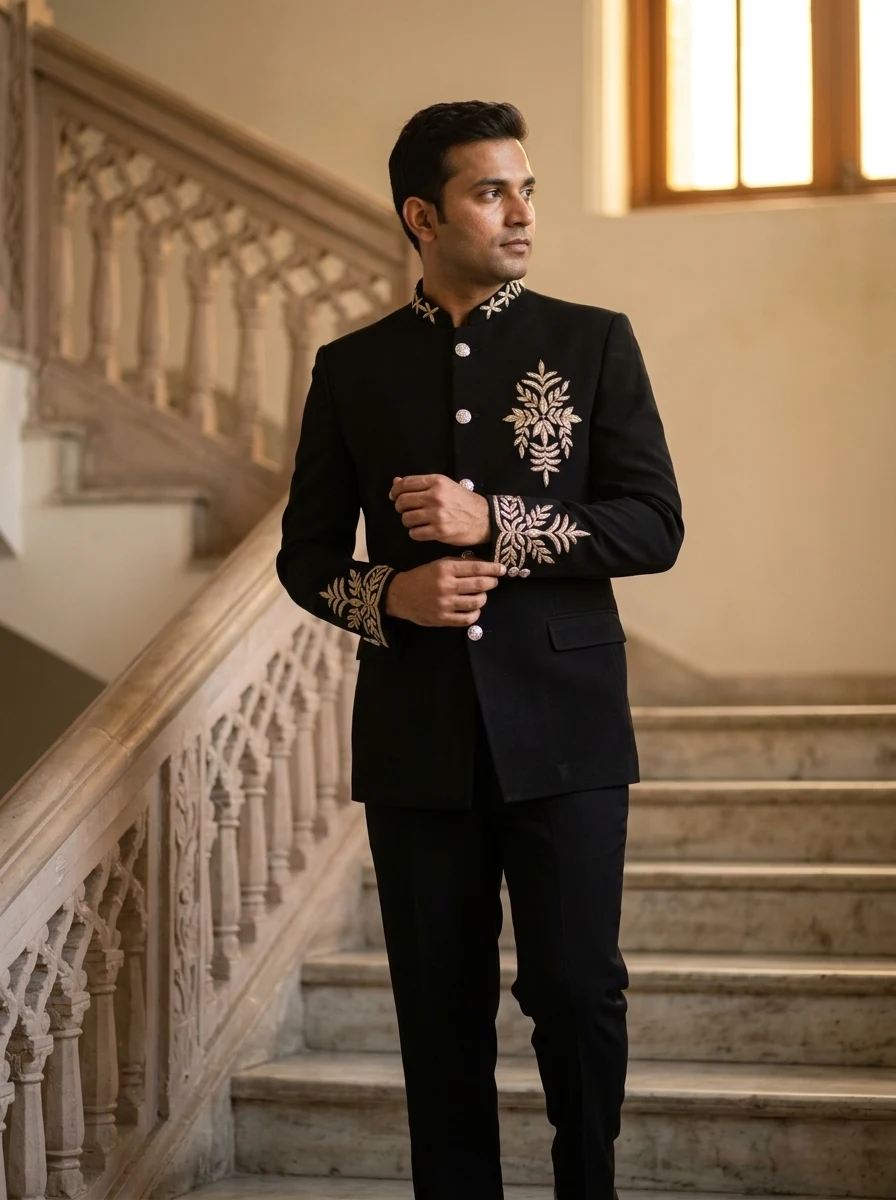 Black and Gold Floral-Embroidered Bandhgala — styled AI concept image