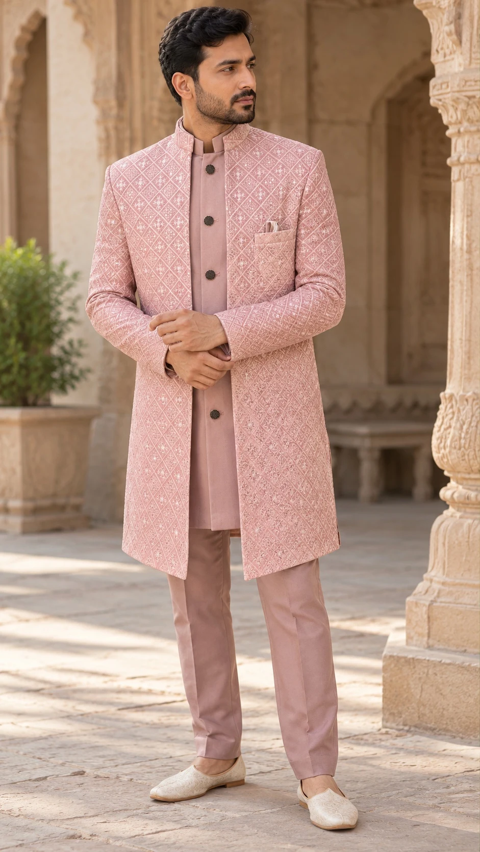 Blush geometric embroidered layered set — styled AI concept image