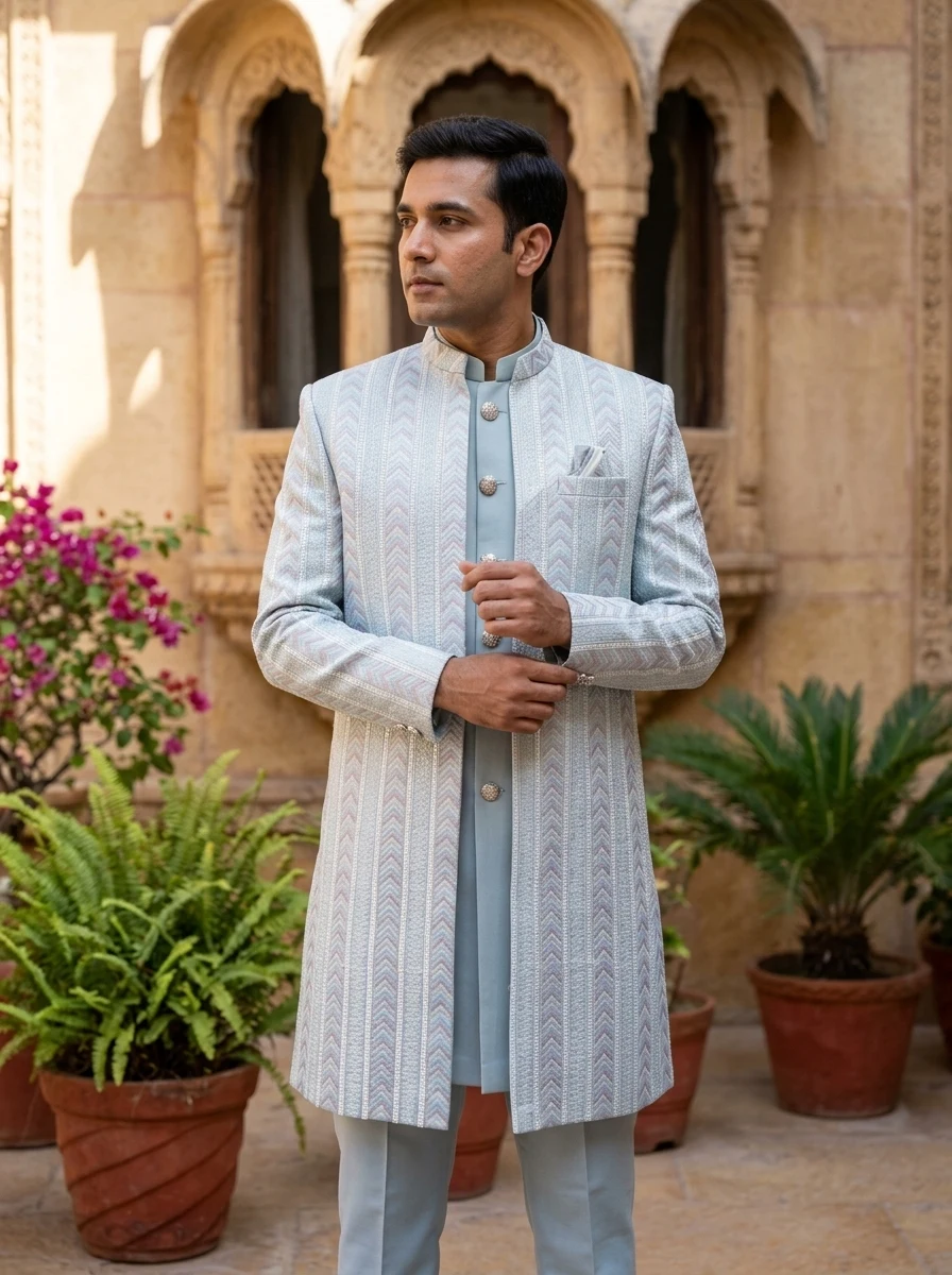 Sage chevron embroidered indo-western — styled AI concept image