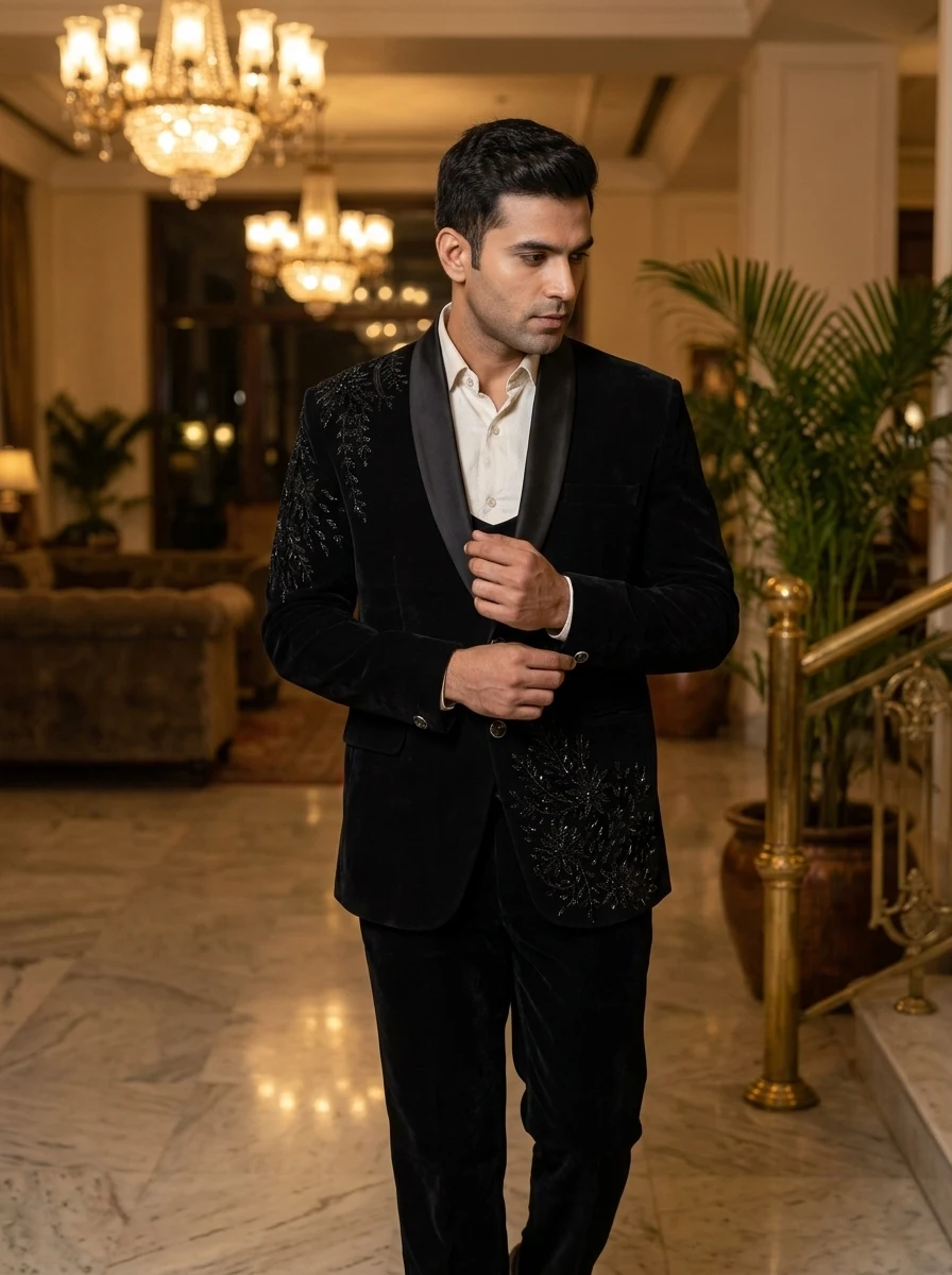 Dark embroidered shawl lapel suit — styled AI concept image