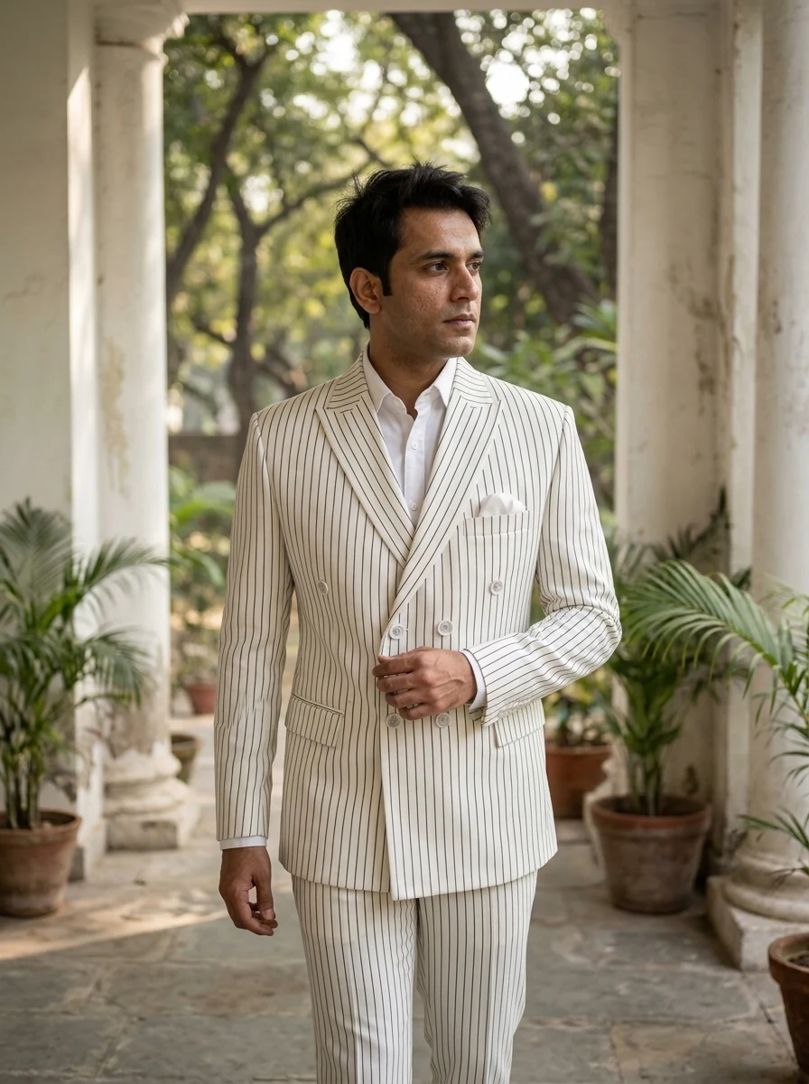 Ivory pinstripe double-breasted suit — styled AI concept image