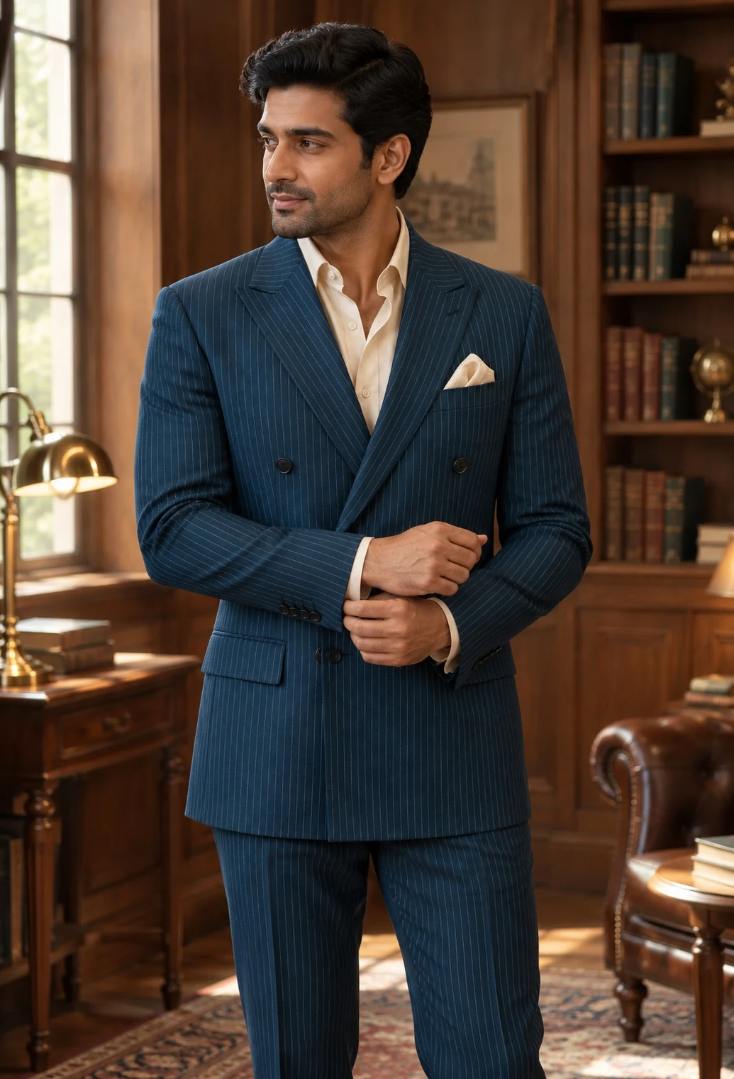 Teal pinstripe double-breasted suit — styled AI concept image