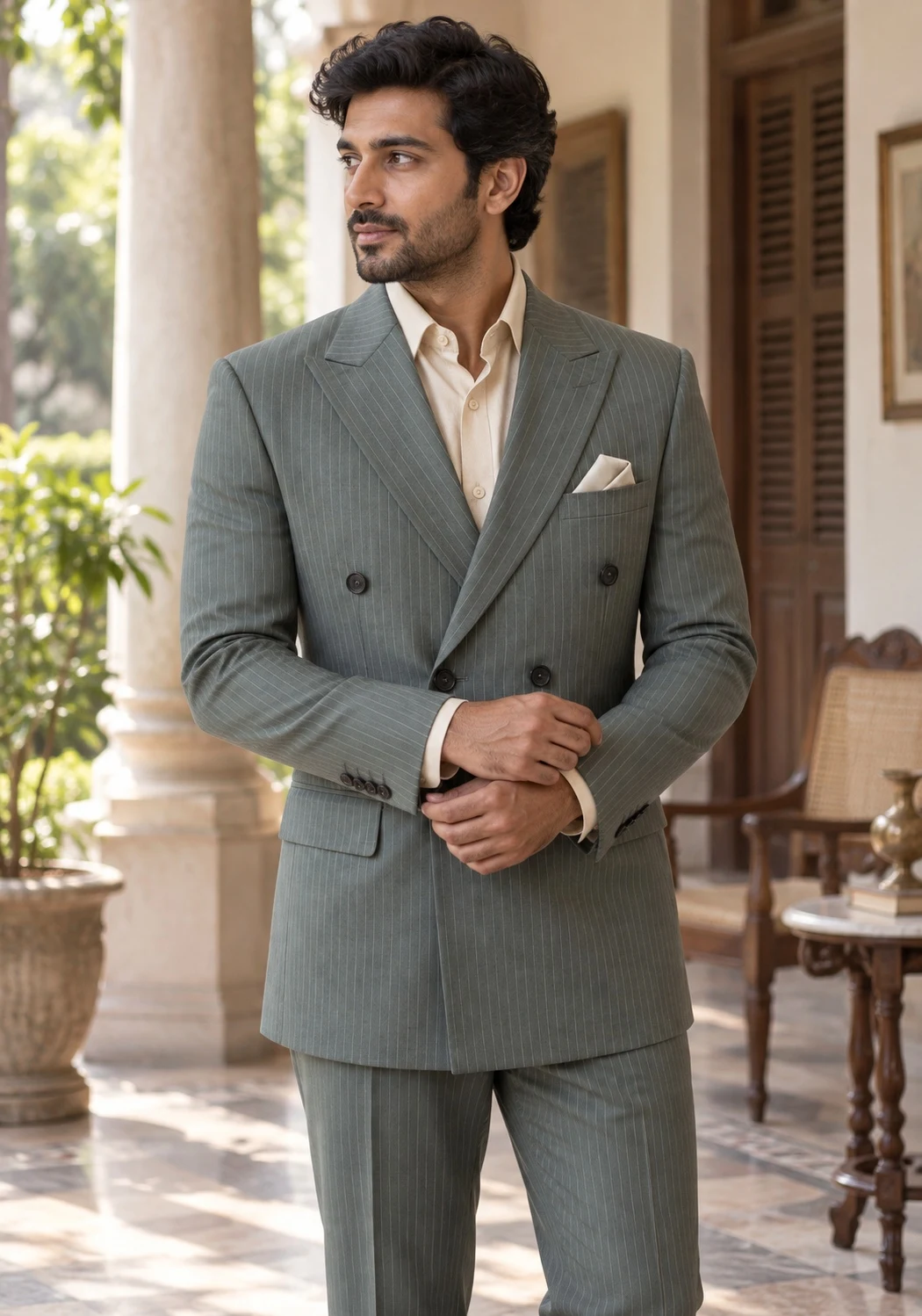 Sage pinstripe double-breasted suit — styled AI concept image