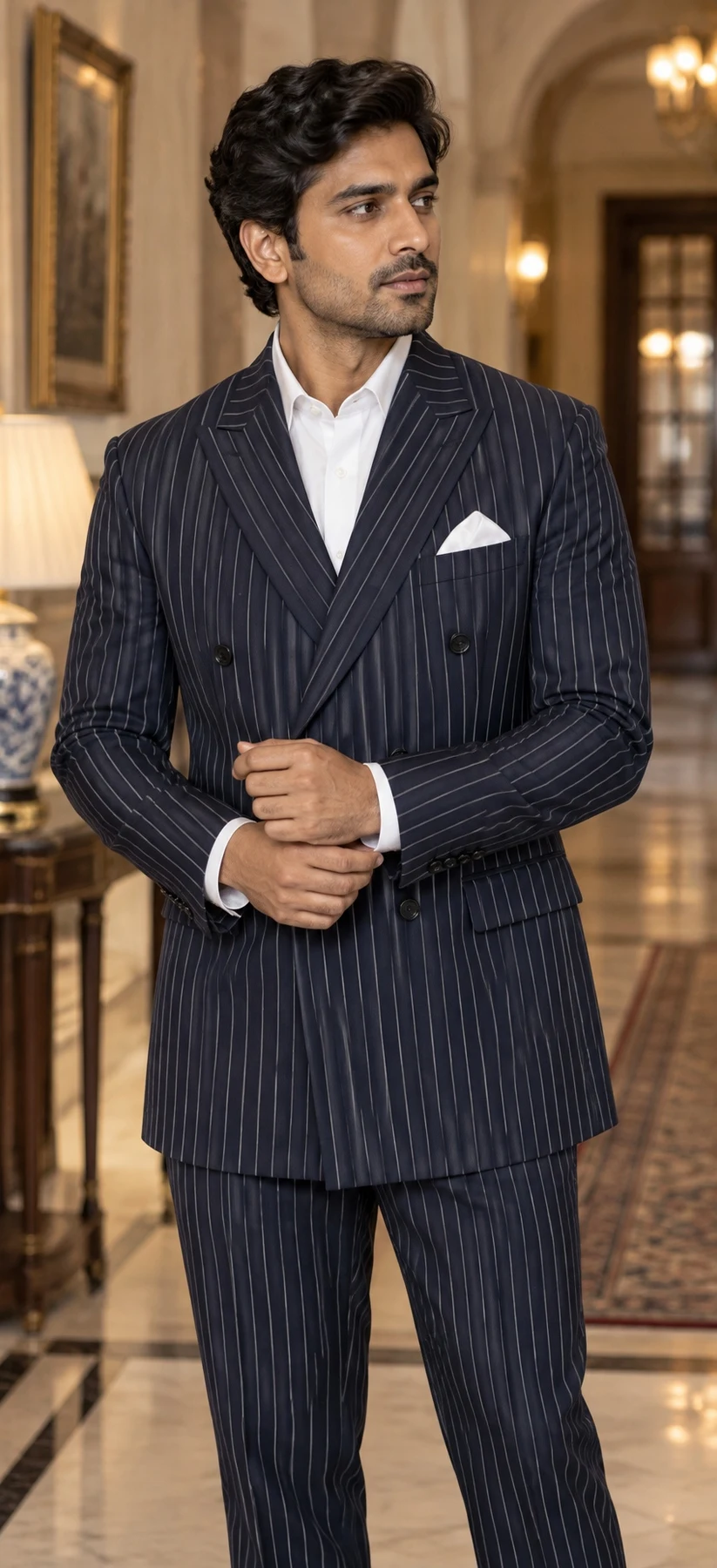 Navy pinstripe double-breasted suit — styled AI concept image