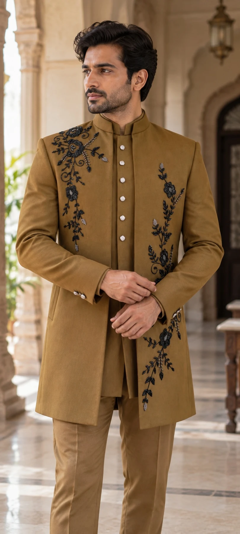 Camel vertical floral layered set — styled AI concept image