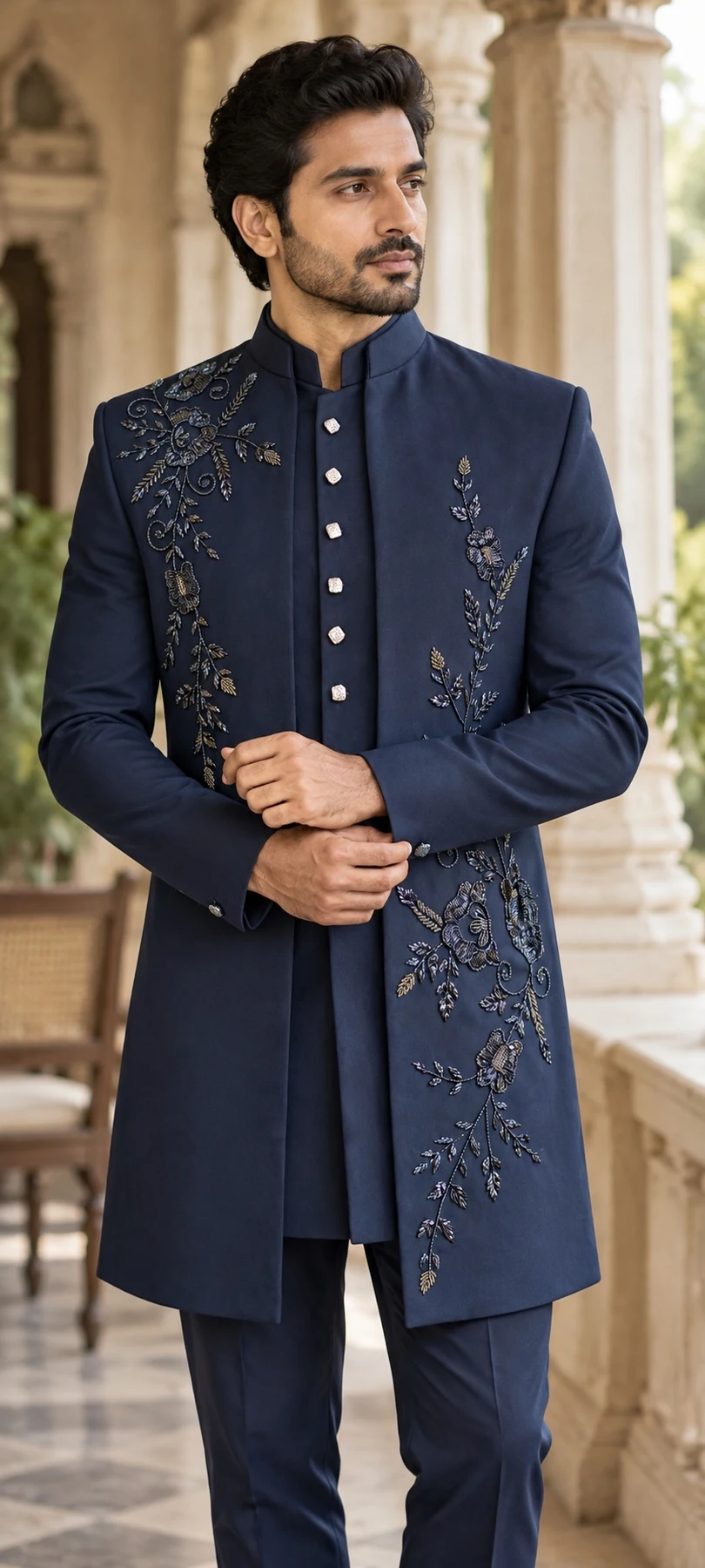 Navy vertical floral layered set — styled AI concept image