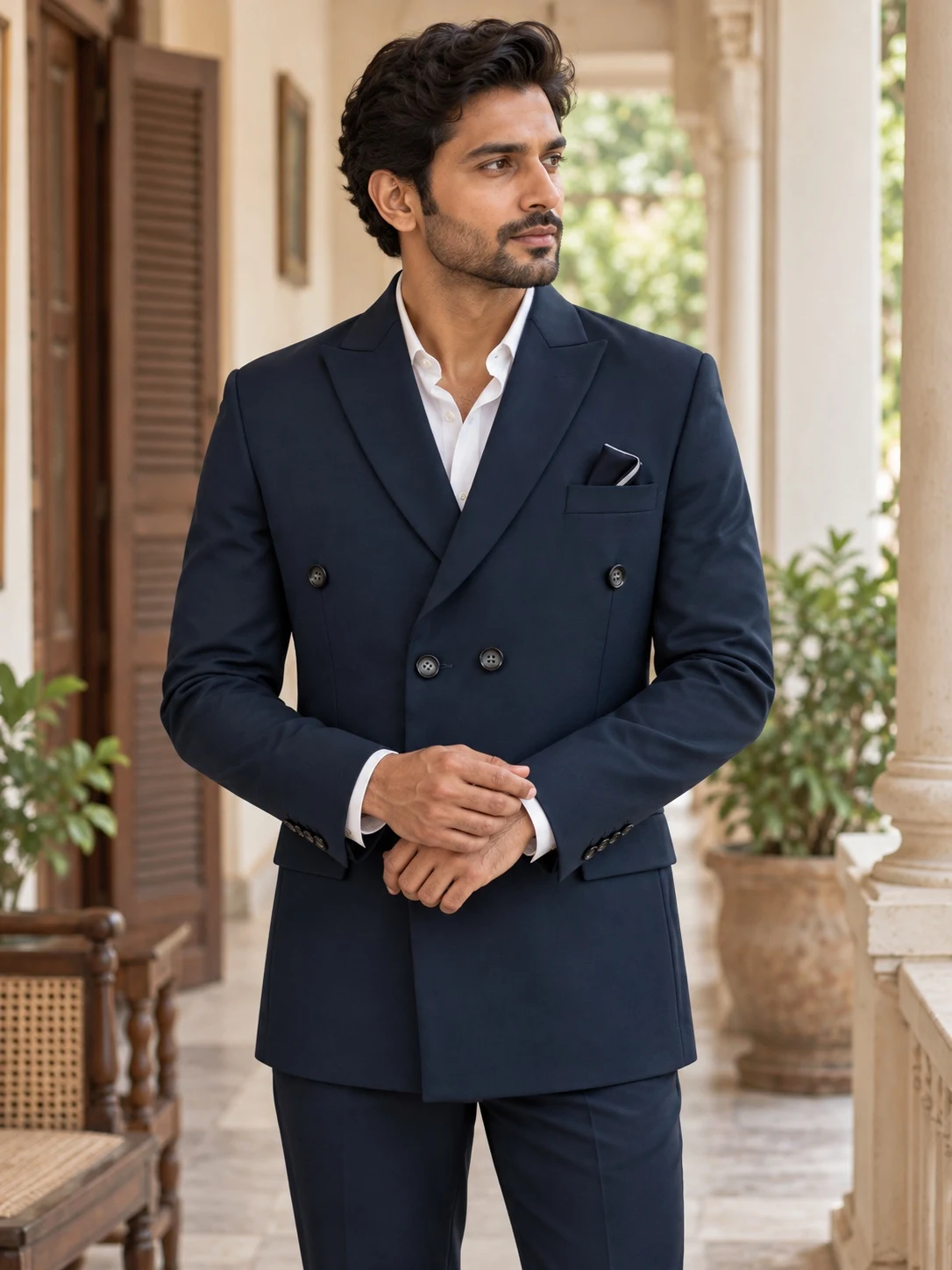 Navy plain double-breasted suit — styled AI concept image
