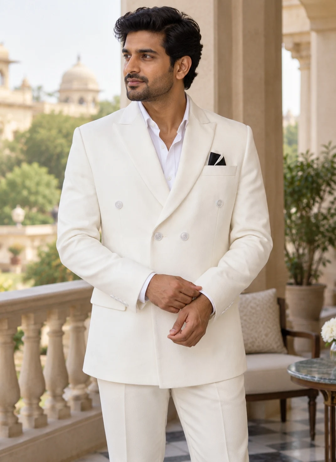 Ivory plain double-breasted suit — styled AI concept image
