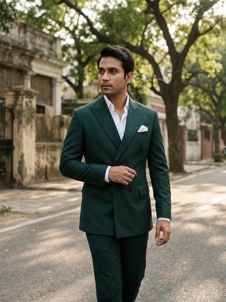 Green plain double-breasted suit — styled AI concept image