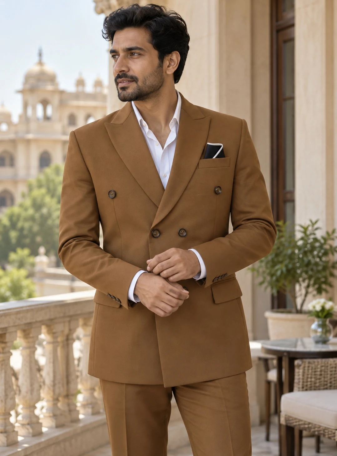 Camel plain double-breasted suit — styled AI concept image