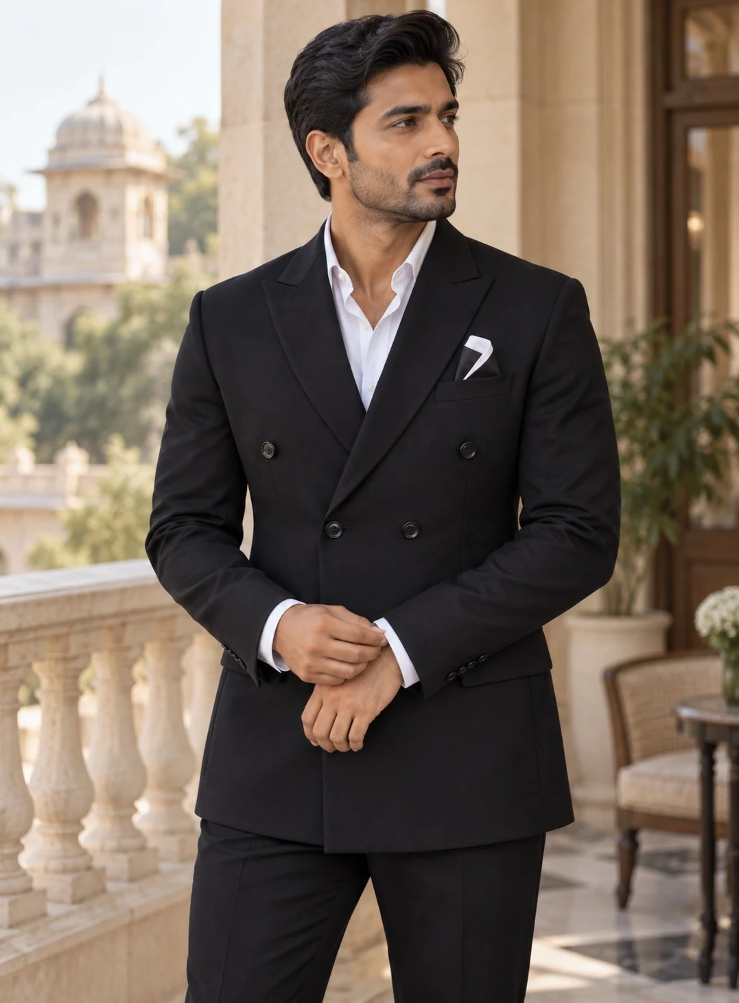 Black plain double-breasted suit — styled AI concept image