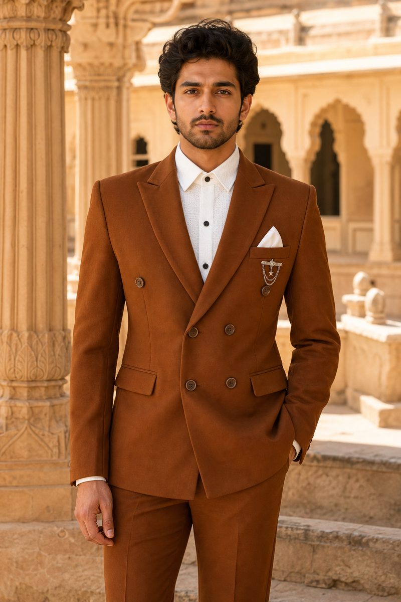Cognac brown suit, styled AI concept