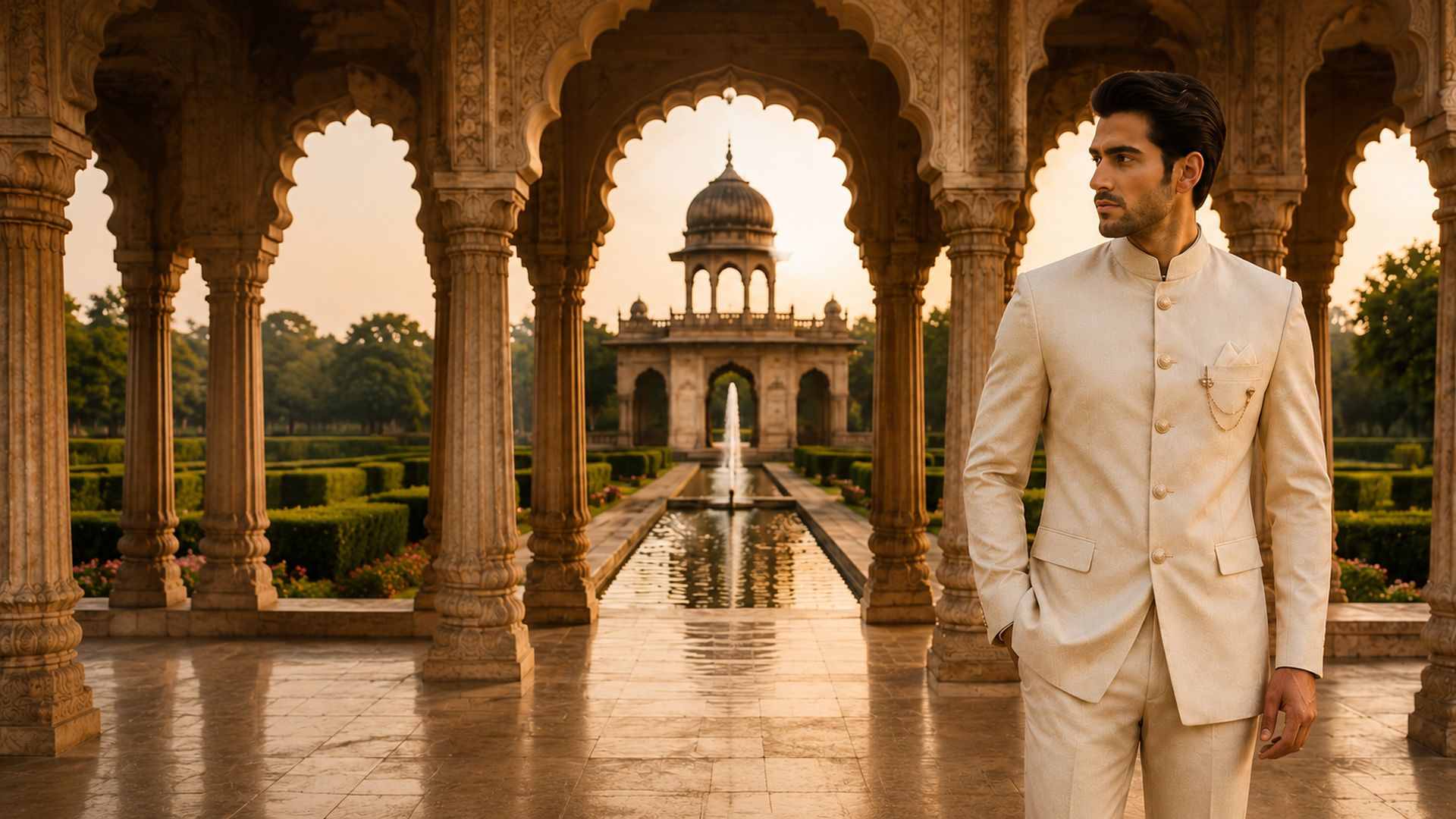 Pale Cream Filigree-Button Bandhgala Suit, styled AI concept in a palace garden