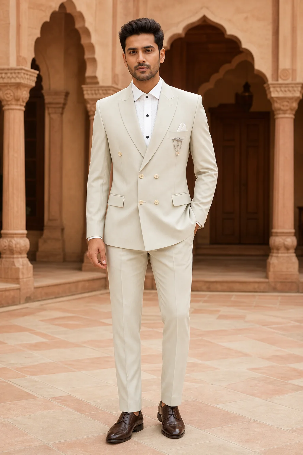 Cream Beige Double-Breasted Peak Lapel Suit — front view