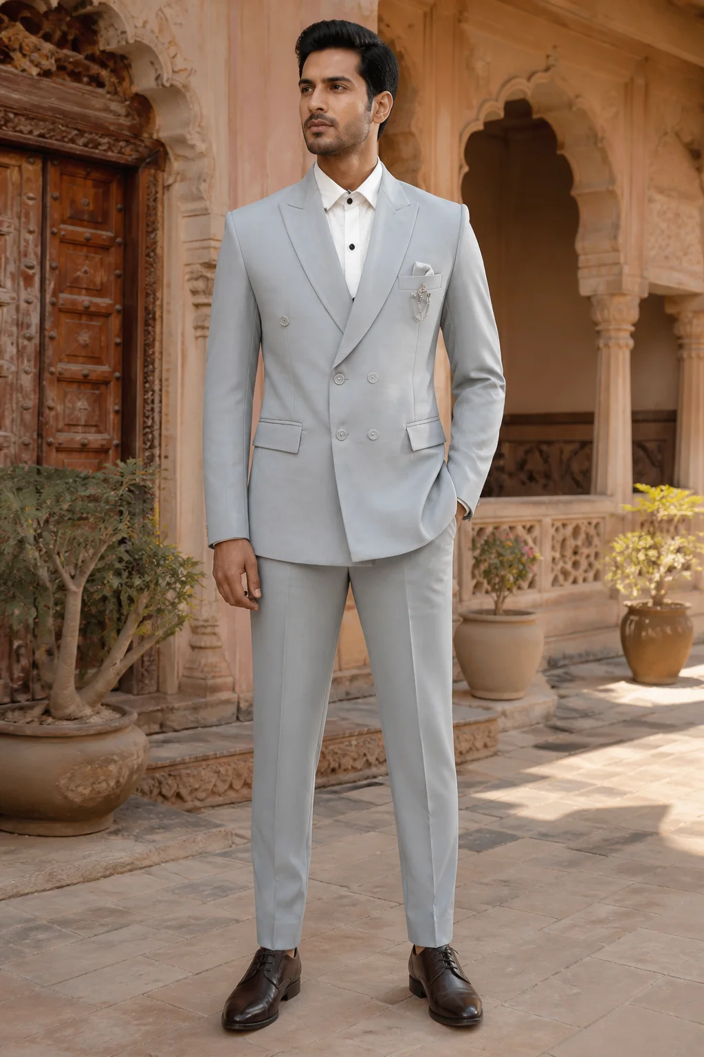 Dove Silver-Grey Double-Breasted Peak Lapel Suit — front view