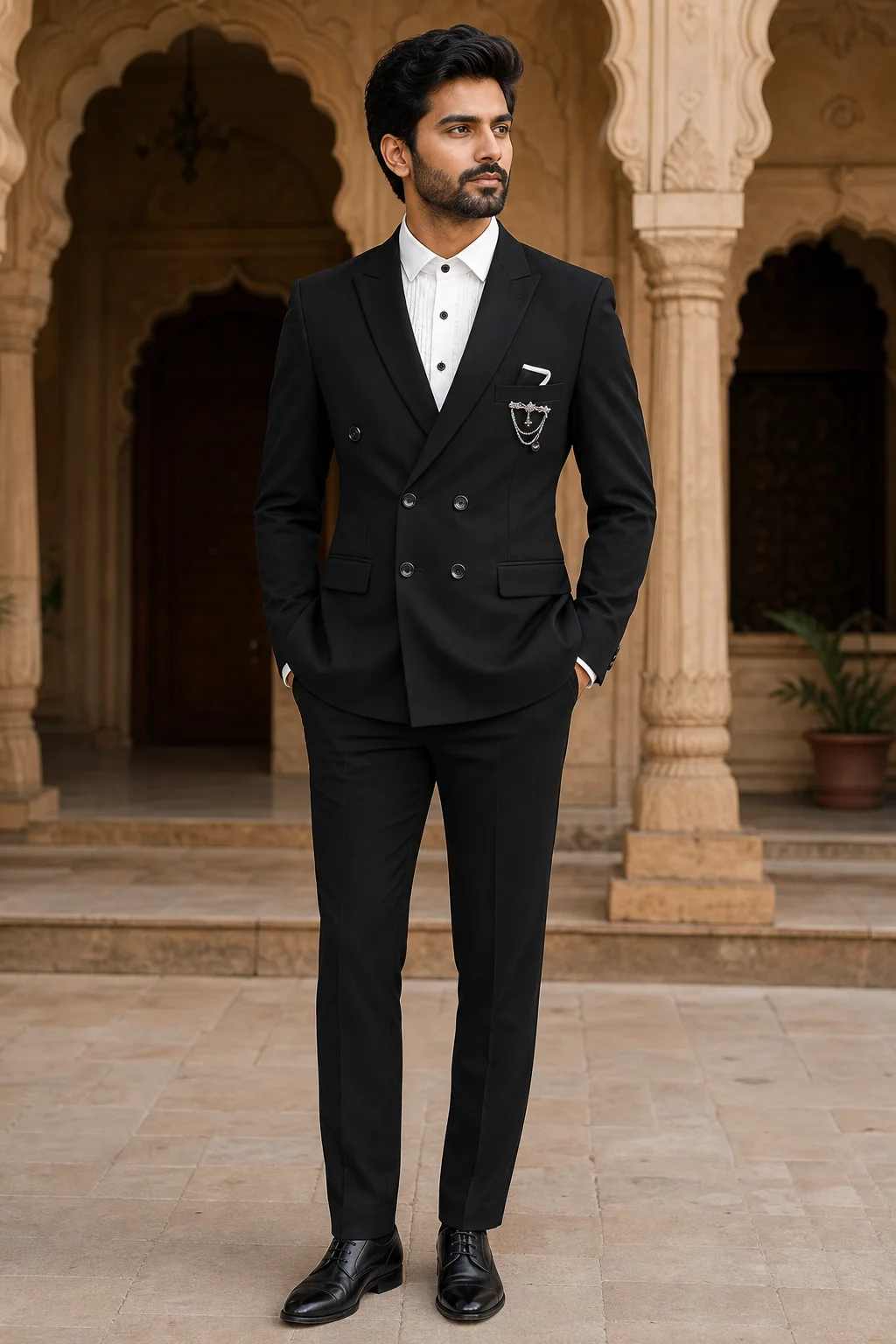 Jet Black Double-Breasted Peak Lapel Suit — front view