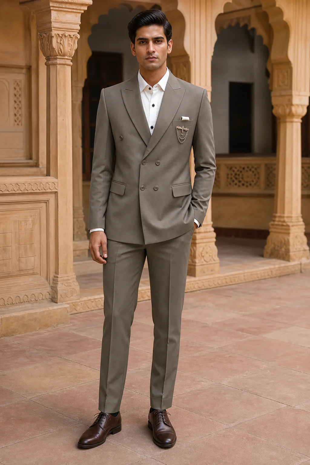 Taupe Mushroom Double-Breasted Peak Lapel Suit — front view