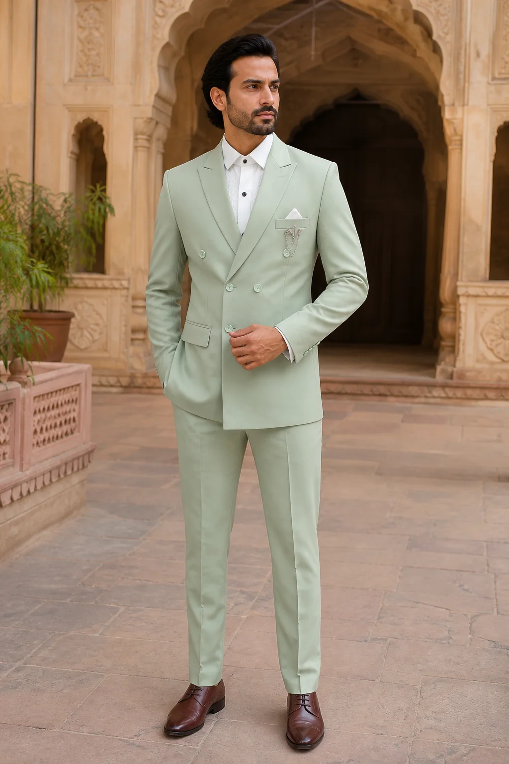 Manodo Sage Mint Double-Breasted Peak Lapel Suit — front view