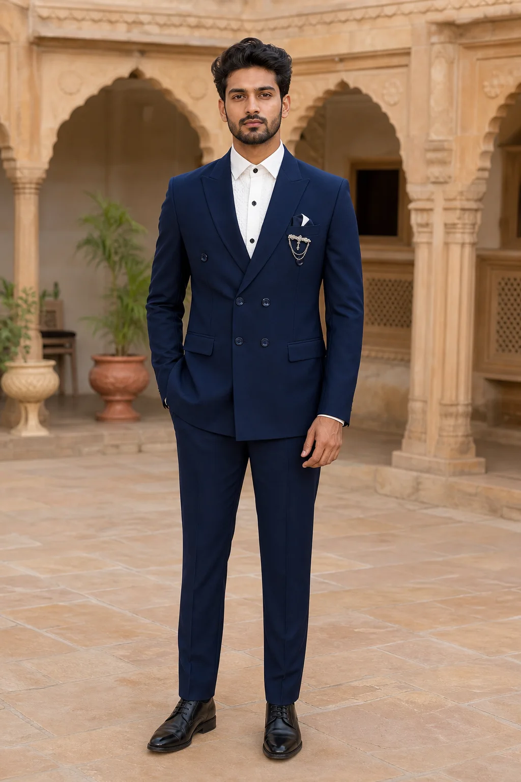 Manodo Midnight Navy Double-Breasted Peak Lapel Suit — front view