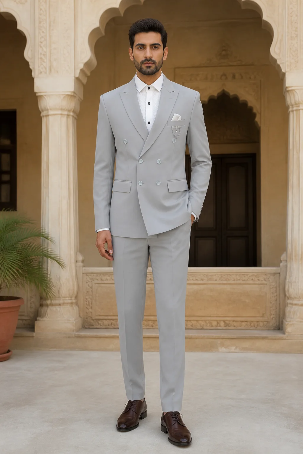 Manodo Light Dove Grey Double-Breasted Peak Lapel Suit — front view