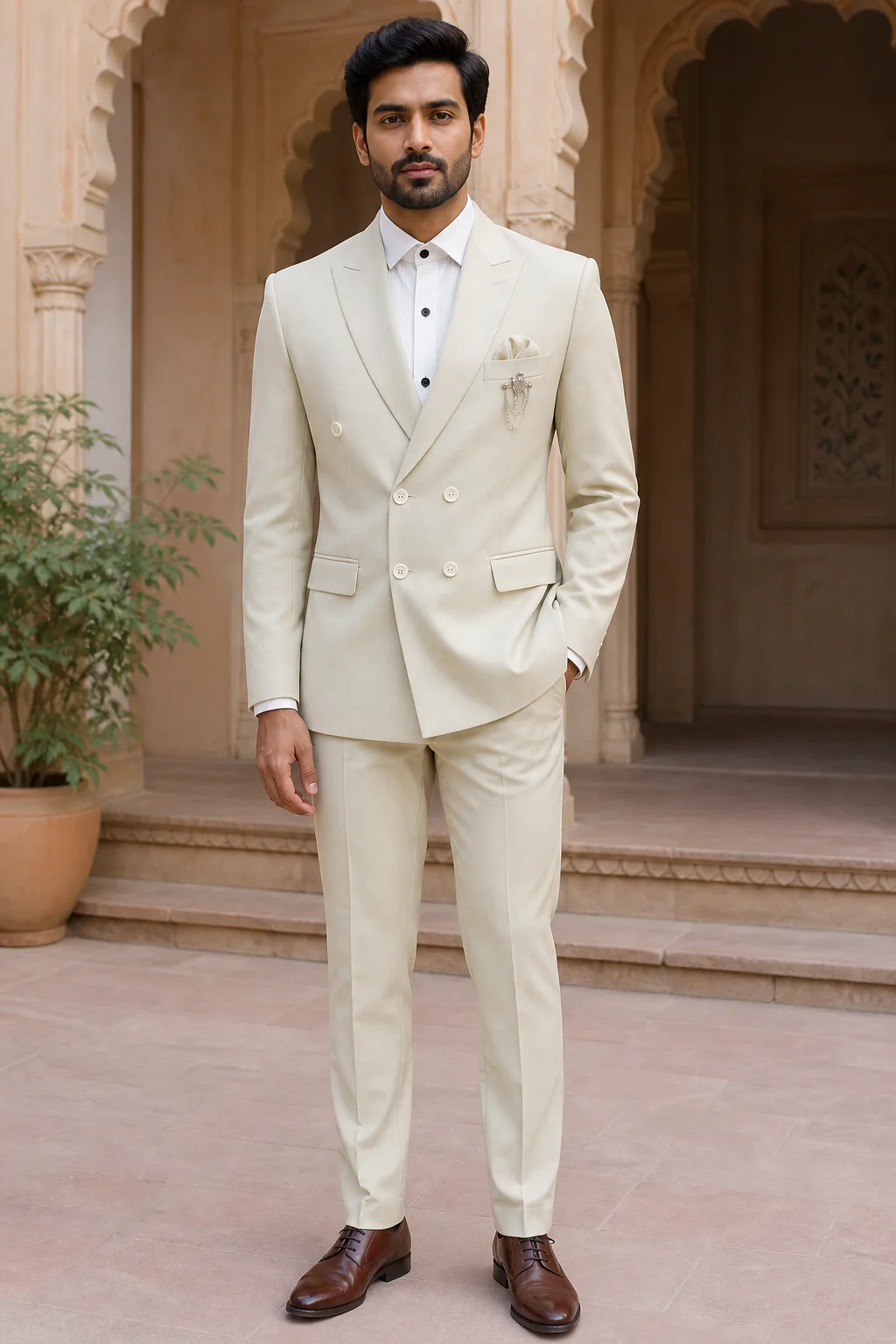 Manodo Ivory Double-Breasted Peak Lapel Suit — front view
