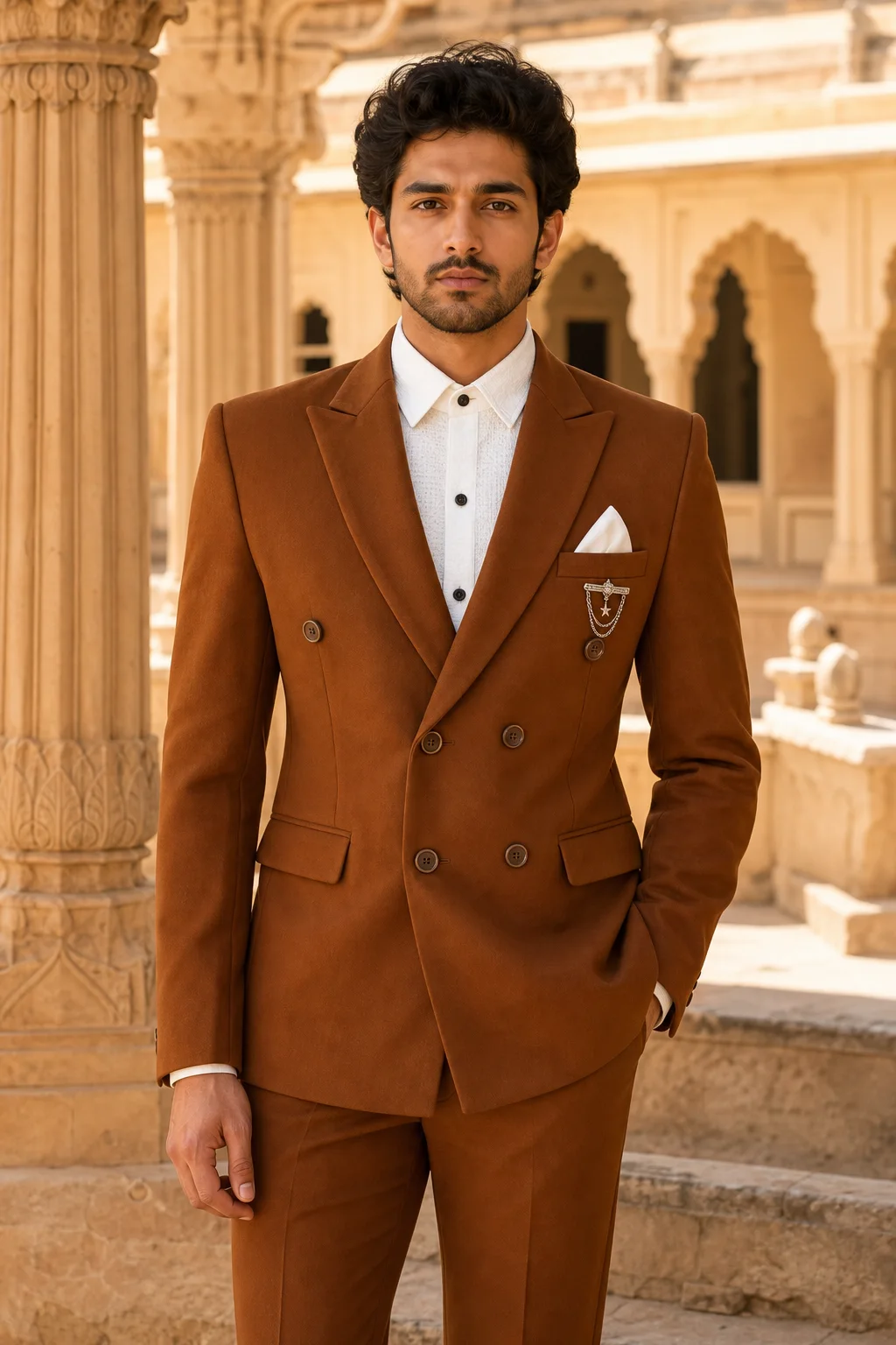 Cognac Brown Double-Breasted Peak Lapel Suit — front view