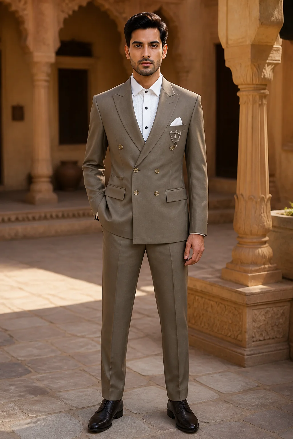 Manodo Olive Taupe Double-Breasted Peak Lapel Suit — front view