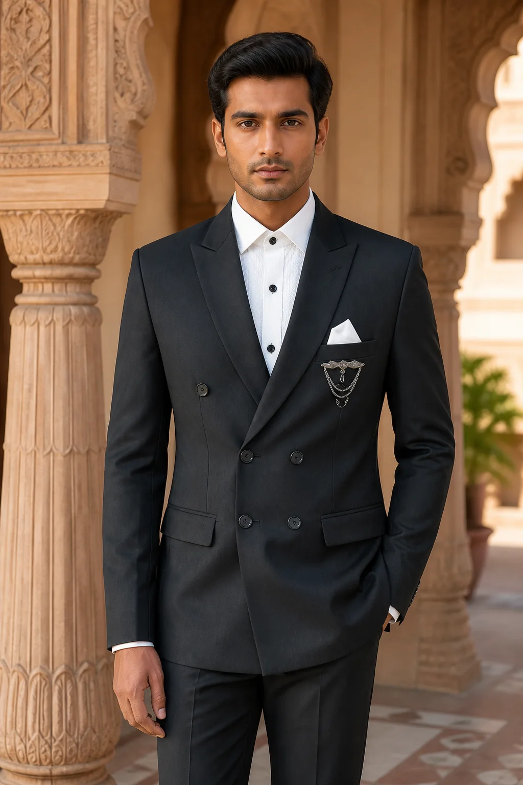 Manodo Charcoal Grey Double-Breasted Peak Lapel Suit — front view