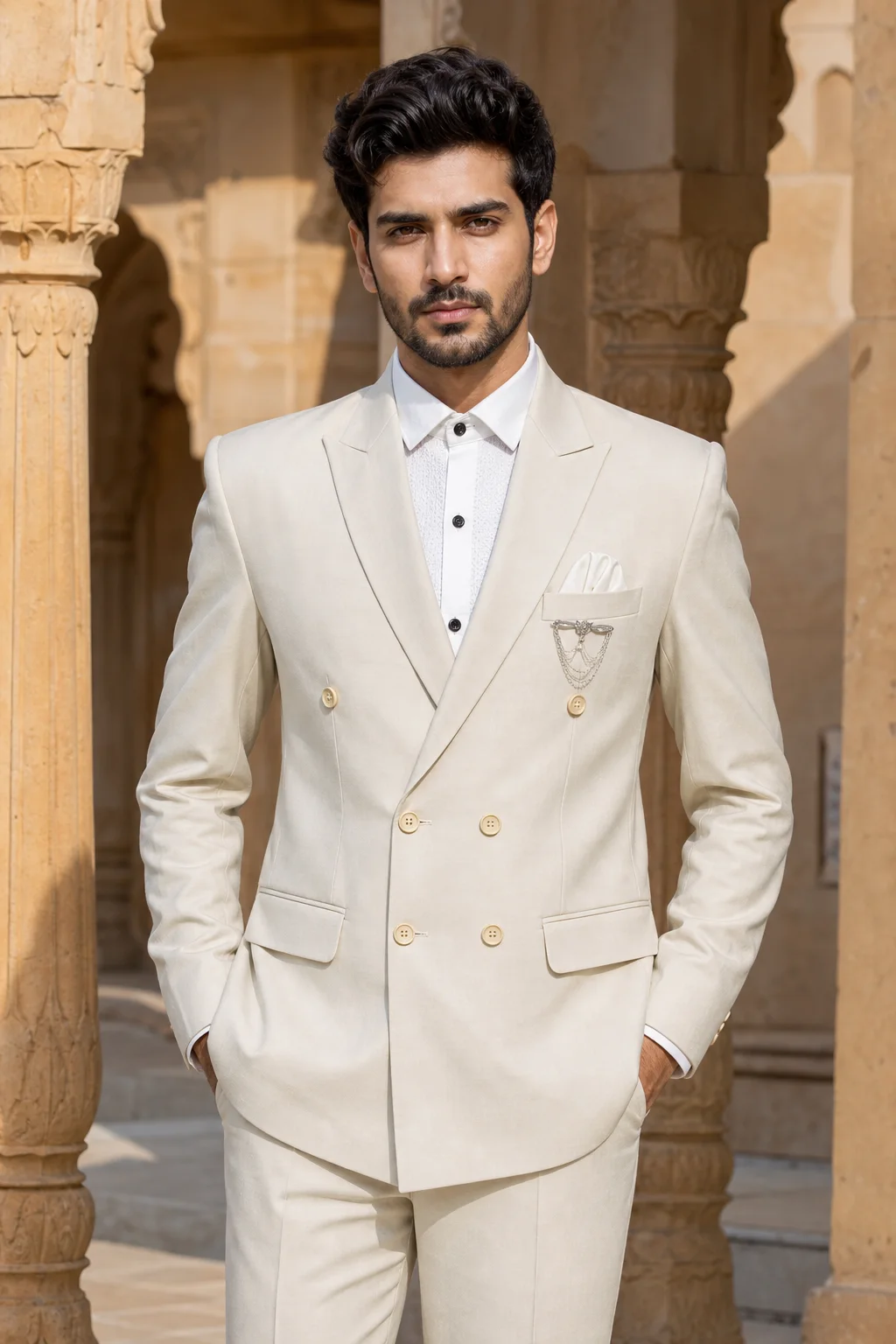 Soft Cream Double-Breasted Peak Lapel Suit — front view