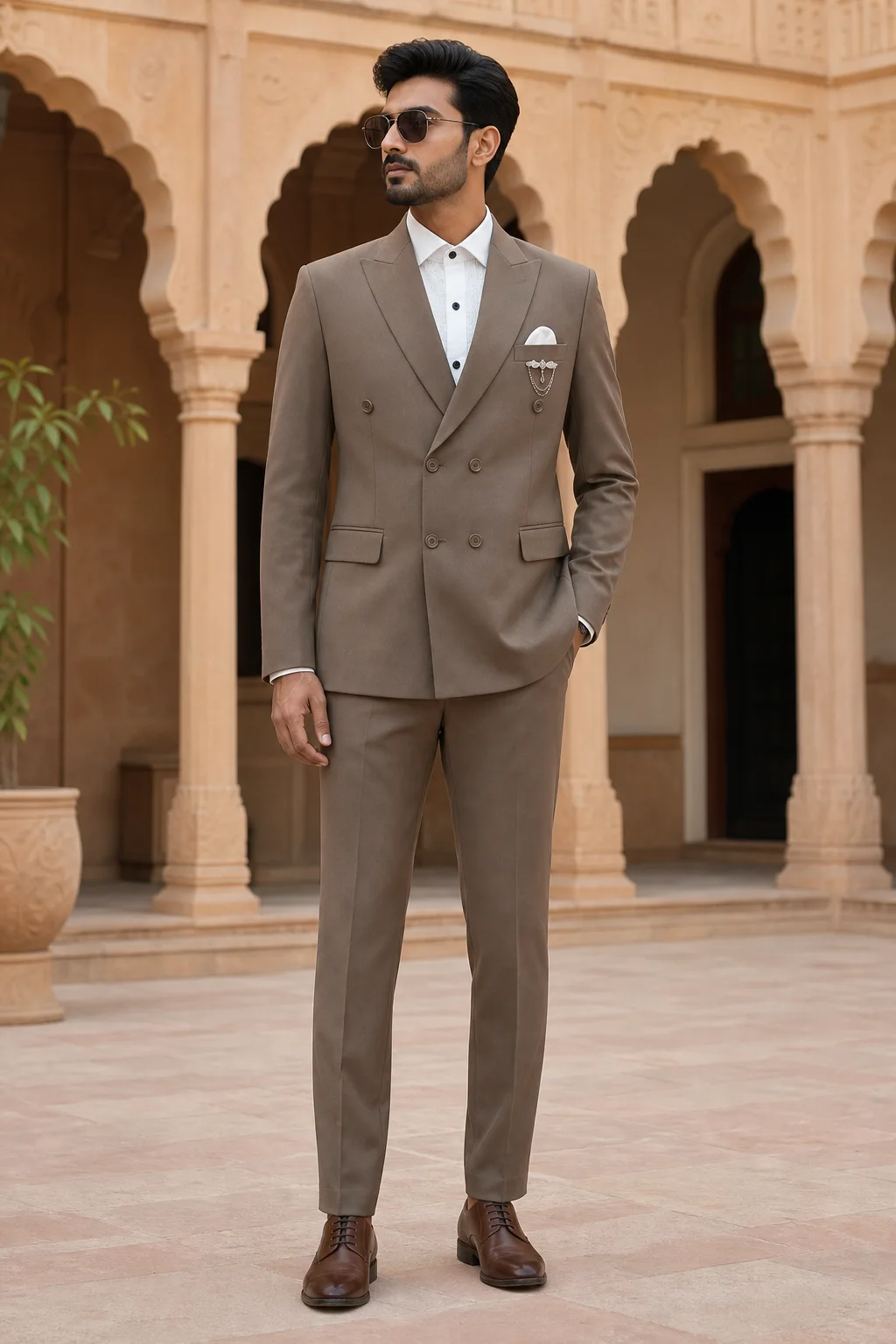 Manodo Warm Mocha Double-Breasted Peak Lapel Suit — front view