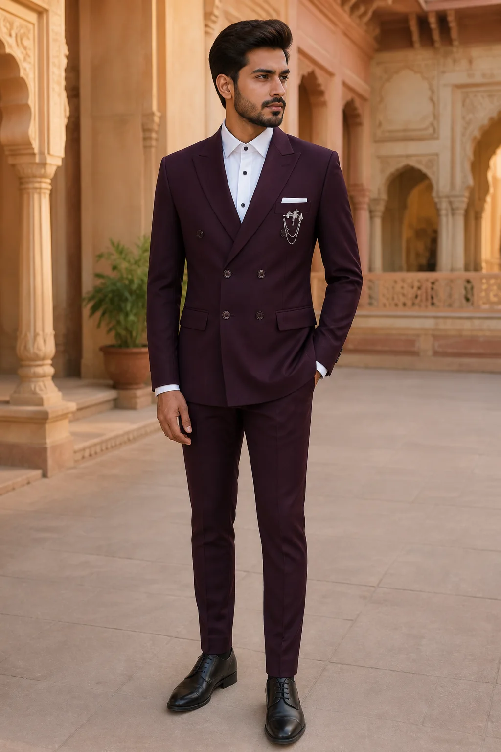 Burgundy Wine Double-Breasted Peak Lapel Suit — front view