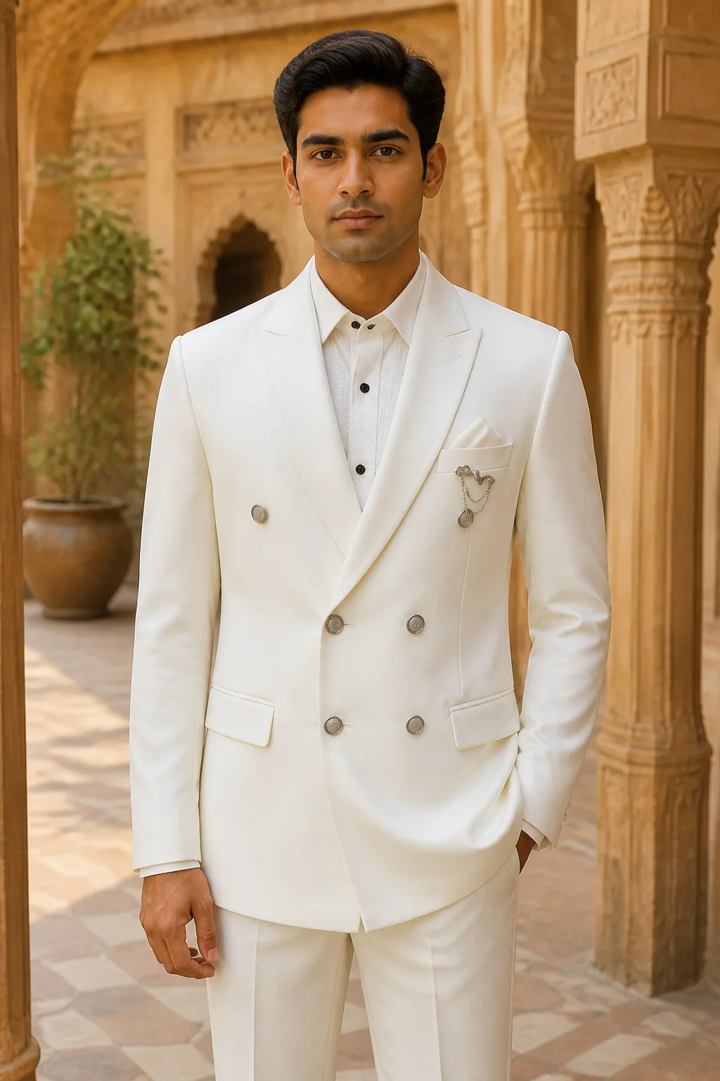 Bright Ivory Double-Breasted Peak Lapel Suit — front view