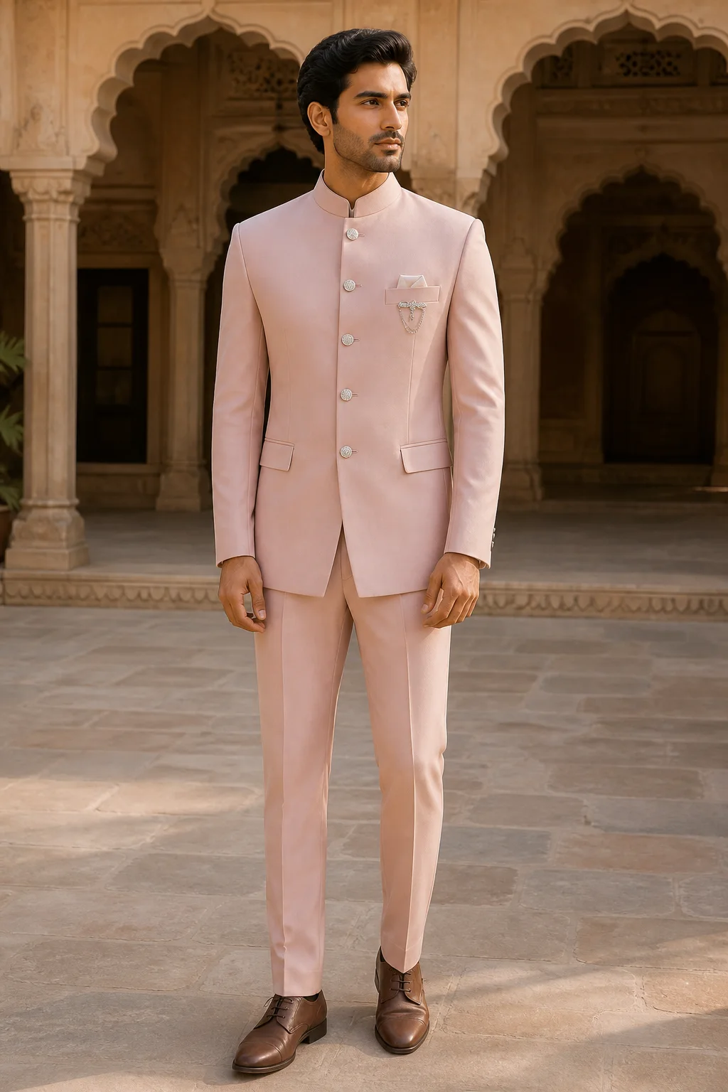 Manodo Dusty Rose Five-Button Bandhgala Suit — front view