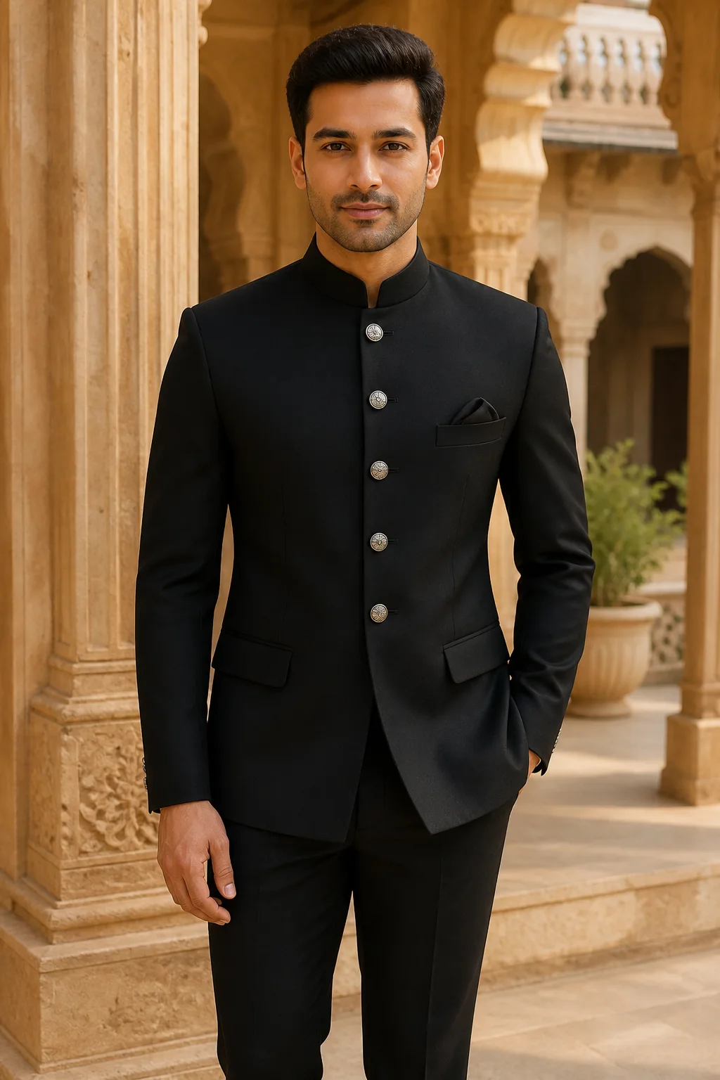 Black Bandhgala 5-Button Suit — front view