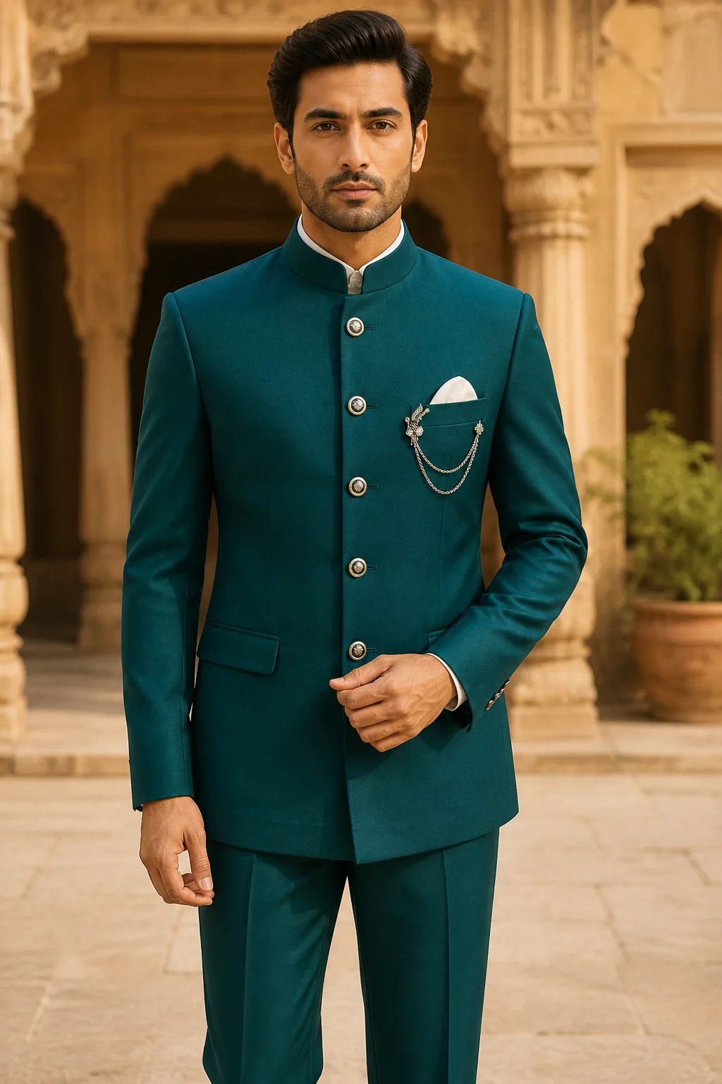 Manodo Emerald Teal Bandhgala 5-Button Suit — front view