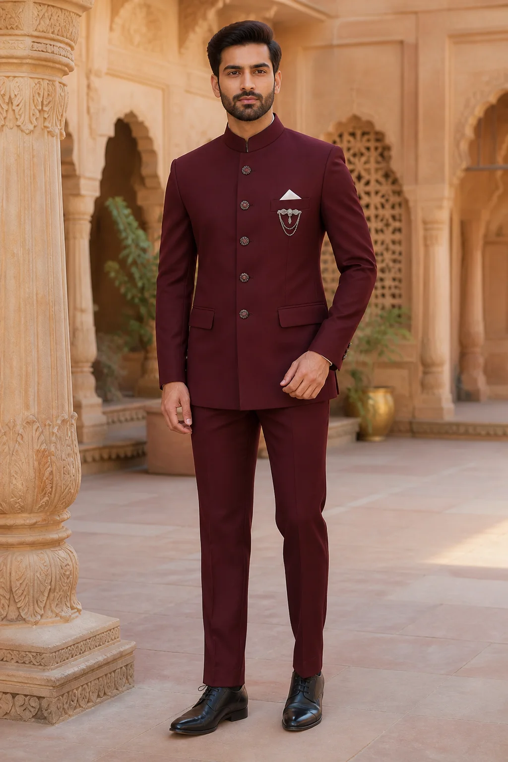 Deep Maroon Bandhgala Five-Button Suit — front view