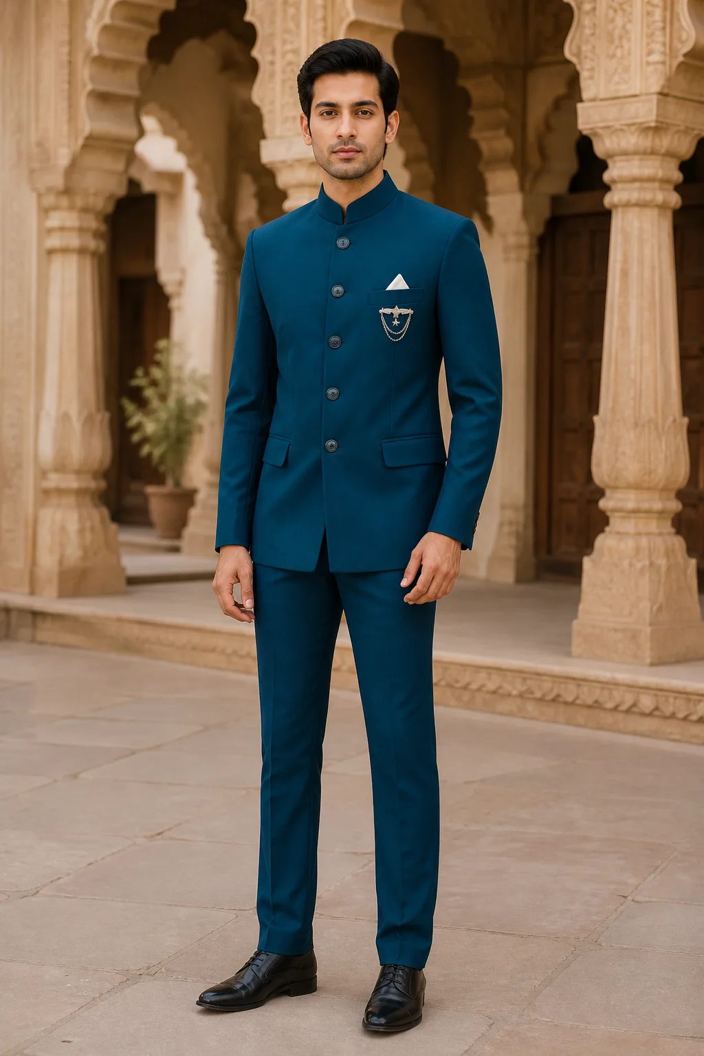 Deep Teal Peacock Bandhgala 5-Button Suit — front view