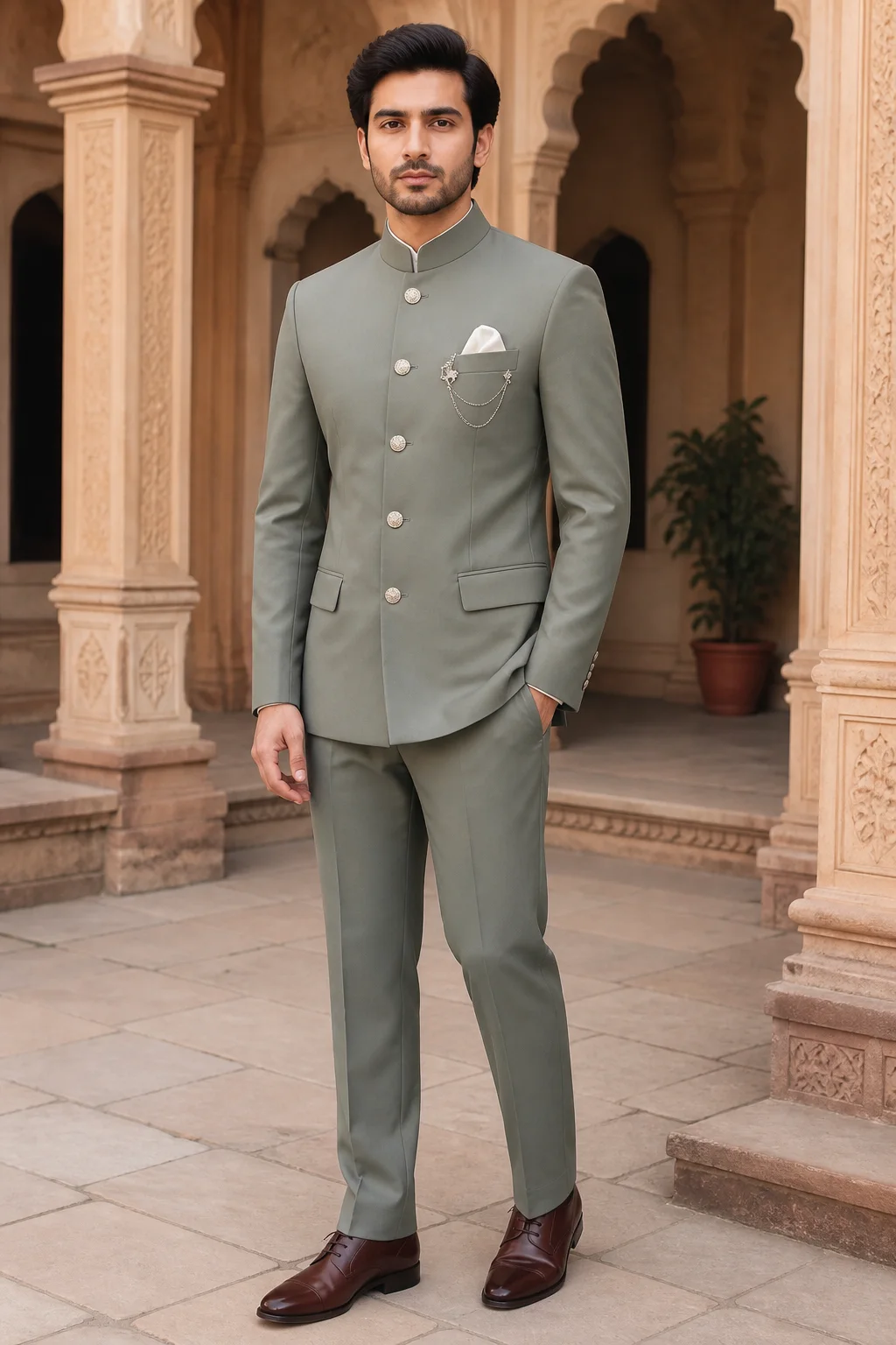 Sage Bandhgala Five-Button Suit — front view