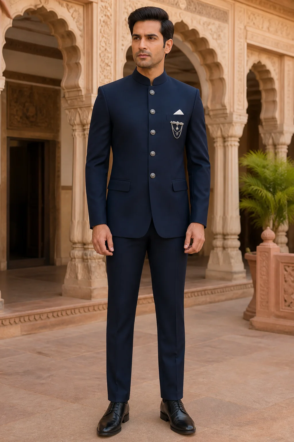 Dark Slate Navy Bandhgala 5-Button Suit — front view