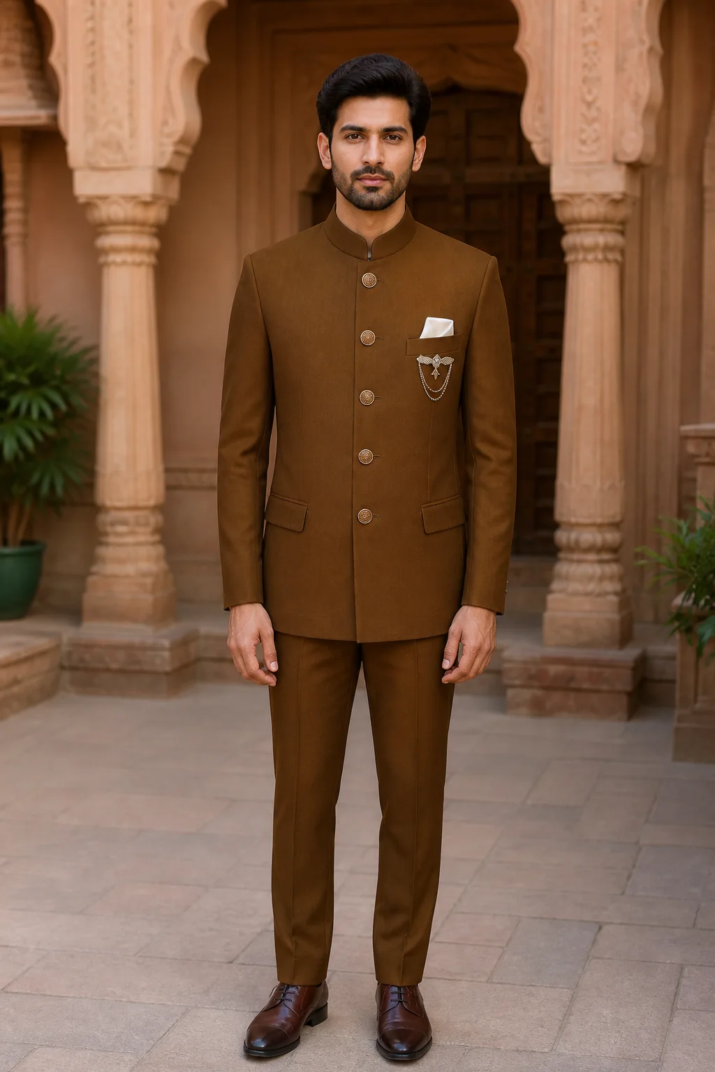 Manodo Soft Cinnamon Bandhgala Five-Button Suit — front view