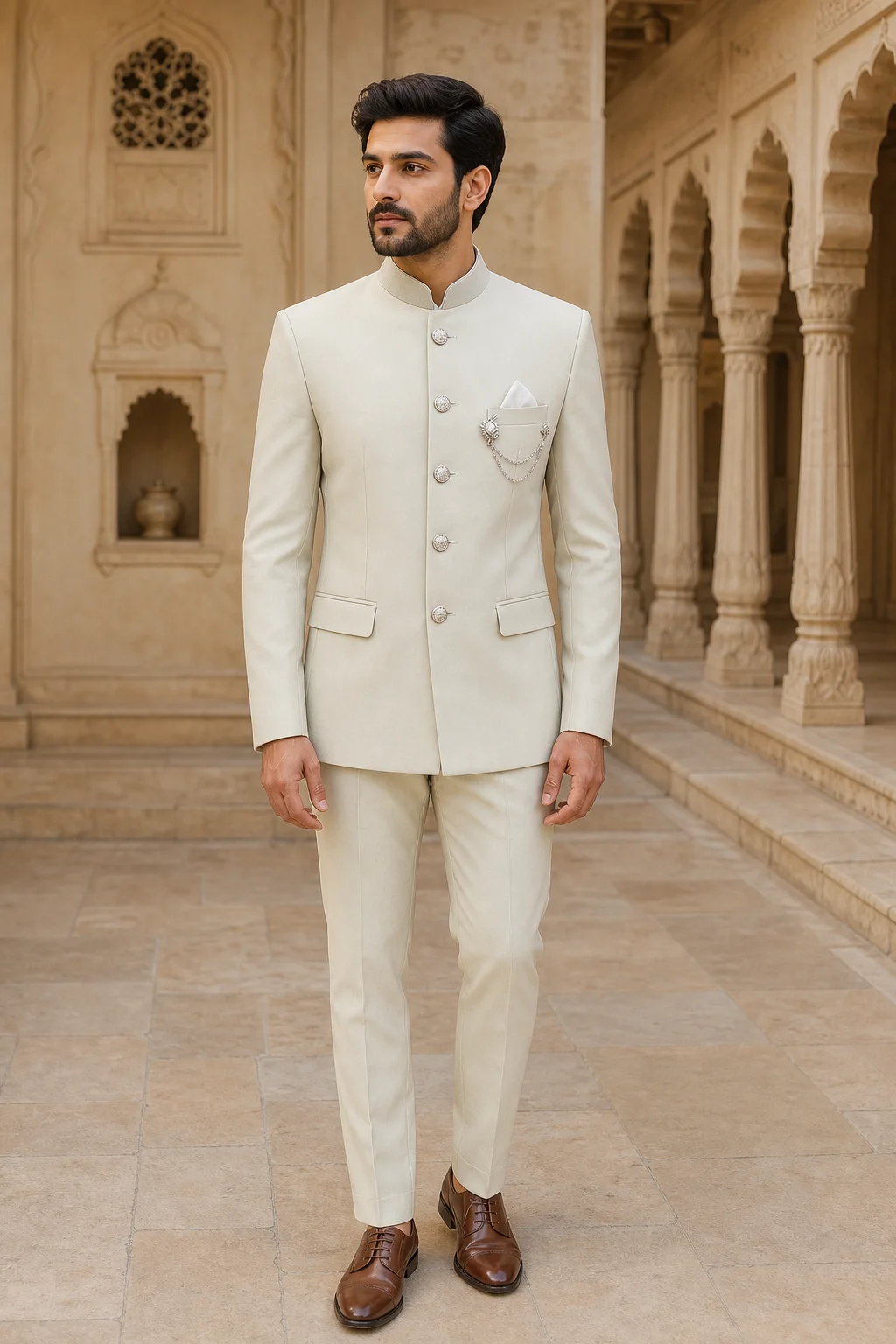Pale Cream Filigree-Button Bandhgala Suit — front view